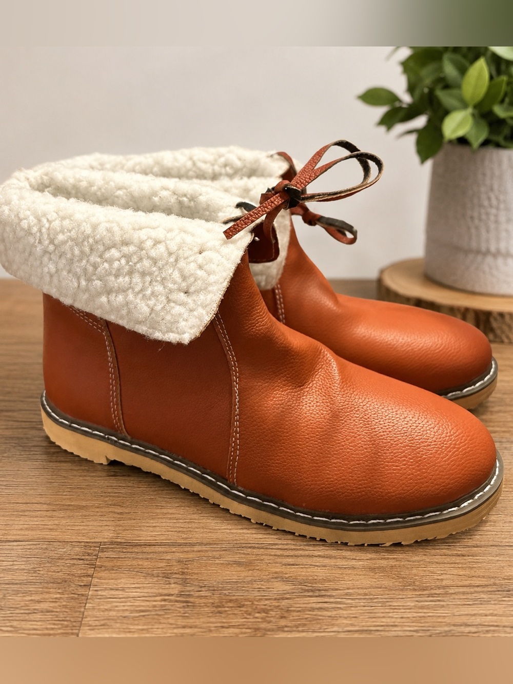 No Brand Cognac Faux Leather Sherpa Lined Ankle Booties